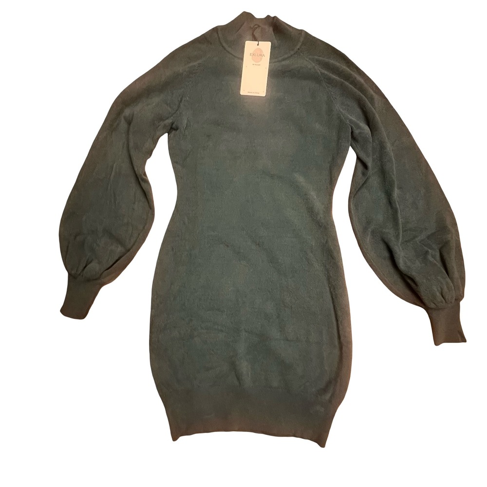 Exlura Teal Green Mock Neck Lantern Sleeve Knit Sweater Mini Dress WADR141 NWT M